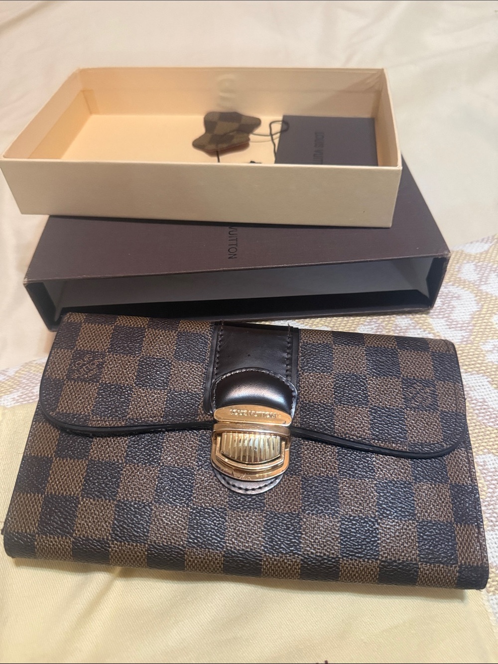 Designer-Inspired Brown Checkered Clutch Wallet with Gold Clasp